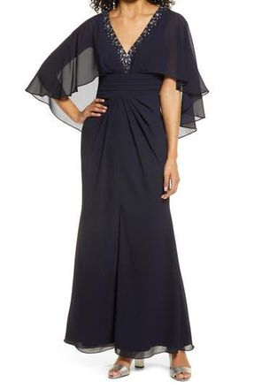 Vince Camuto Beaded Neckline Capelet Gown in Navy at Nordstrom Rack, Size 2
