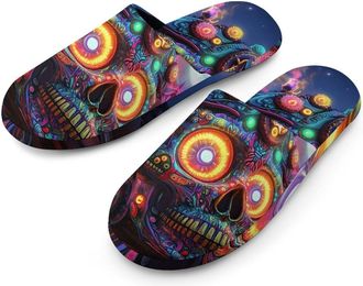 Generic Psychedelic Skull Train Mens Cozy House Slippers Winter Warm Shoes with Anti-Slip Sole for Travel Indoor Outdoor