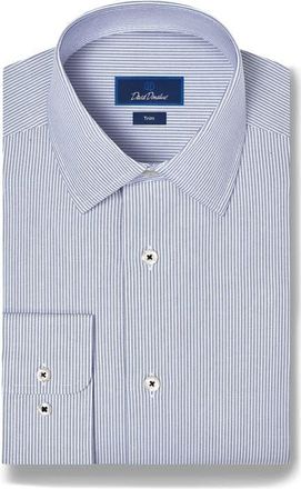 David Donahue Trim Fit Stripe Stretch Cotton Twill Dress Shirt in Navy/white at Nordstrom, Size 17.5
