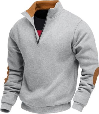 Generic Mens Quarter Zip Sweatshirt, Stand Collar Top with Elbow Patches and Ribbed Cuffs for Casual Comfort and Sporty Style (Light Gray,M)