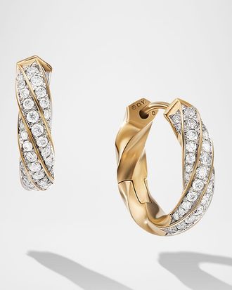 David Yurman Cable Edge Huggie Hoop Earrings with Diamonds in 18K Gold, 13mm