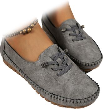 Generic Womens Comfortable Soft Hand-Stitched Genuine Leather Loafers Fashion Suede Lightweight Anti-Slip Lace Up Walking Shoes (Gray,5.5)