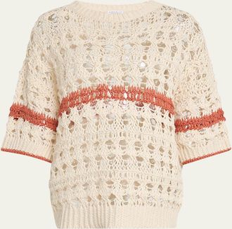 Brunello Cucinelli Stripe Cotton-Jute Open Knit Short-Sleeve Sweater