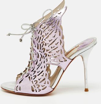 Sophia Webster Metallic Purple Laser Cut Foil Leather Cherub Winged Lace Up Mule Sandals