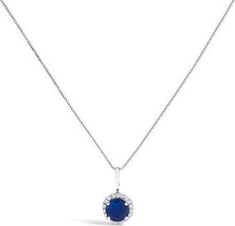 House of Brilliance 10K Gold Gemstone and 1/10 Cttw Diamond Accent Halo Pendant Necklace in White | Blue Sapphire at Nordstrom