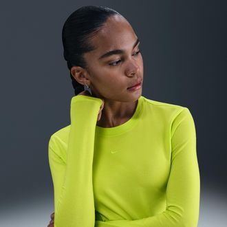 Nike Womens Nike Sportswear Chill Knit Slim Long-Sleeve Cropped Top in Green | HF5322-389