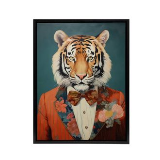 Artery8 Tiger In A Tuxedo Animal Portrait Framed Canvas Wall Art Print in Blue | Size: W24 x H32