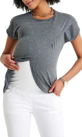 Accouch&eacute;e Handy Crossover Short Sleeve Cotton Maternity/Nursing Top in Gray at Nordstrom, Size X-Large