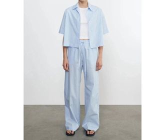 Enza Costa Poplin Resort Pant In Light Blue/white Stripe