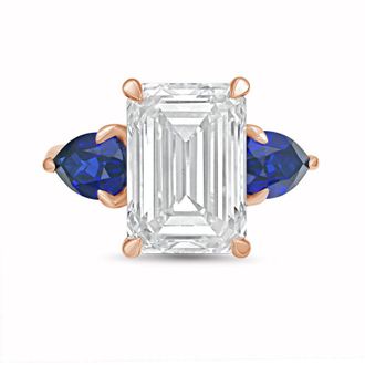 Diana M. Jewels 18kt rose gold lab grown 10ct emerald diamond ring with sapphire pears on the sides