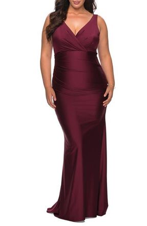 La Femme Simple Jersey Plus Size Gown with Faux Wrap Bodice in Dark Berry at Nordstrom, Size 12W