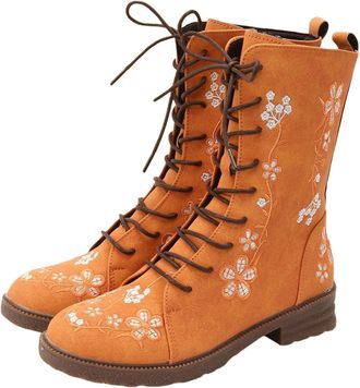 Generic Lace Up Boots Women Winter Floral Embroidered Combat Boots Side Zip Vintage Boho Flower Design Leather Chunky Mid Calf Boot Waterproof Non Slip Walkin