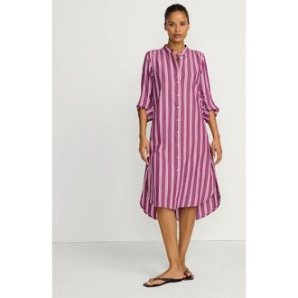 Lands End Poplin Oversized Puff Sleeve Midi Shirt Dress in Burgundy Spritz Stripe at Nordstrom, Size Small P