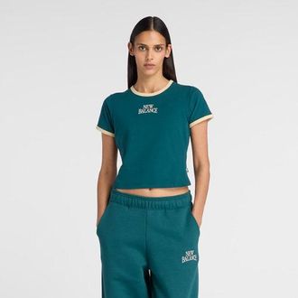 New Balance Womens Trackside Ringer T-Shirt in Green Cotton Jersey, size X-Large