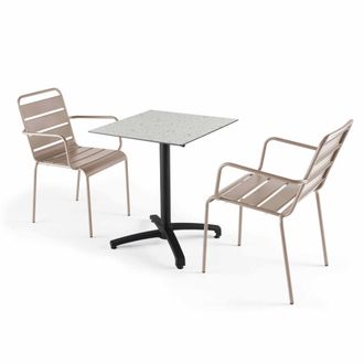 Oviala Mesa de jard&iacute;n de terrazo laminado y 2 sillones topo