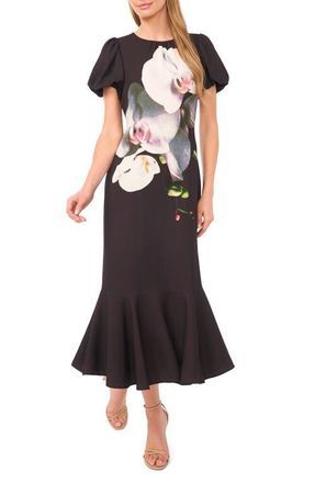 Ted Baker Placed Floral Puff Sleeve Midi Dress in Rich Black at Nordstrom, Size 4