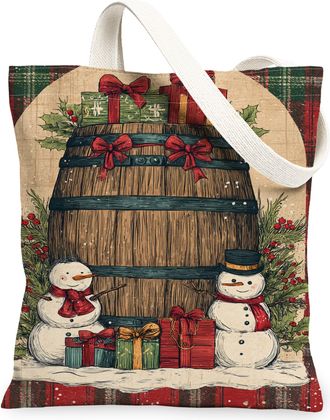 Generic Christmas Snow Man Canvas Tote Bags, Rustic Barrel Pattern Reusable Grocery Bags, Lightweight Washable Shoulder Strap for T, Red, 13x15 Inch