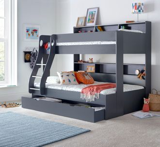 Bedmaster Oliver Triple Sleeper Storage Bunk Bed With Drawer With Memory Foam Mattresses in Dark Grey | Size: Small Double