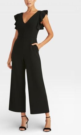 Rachel Roy Kate Ruffle Sleeve V-Neck Jumpsuit in Black at Nordstrom, Size Xx-Large