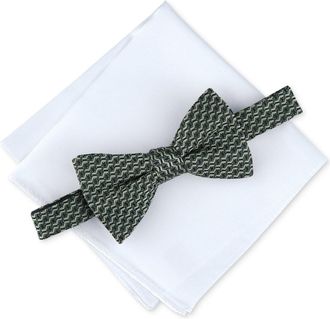 Alfani Mens Pre-Tied Geo Bow Tie & Solid Pocket Square Set - Green