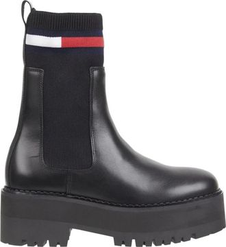 Tommy Jeans Zwarte Flatform Chelsea Sock Enkellaarzen - Dames - Chelseaboots - Zwart - 39 EU - Leer - Schoenen