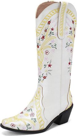 Generic Womens Pull on Knee High Boots Square Toe PU Leather Western Boots Chunky Heel Long Boot with Embroidery Stitched,White,9.5 UK