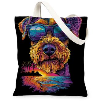 Generic Summer Airedale Terrier Dog Canvas Tote Bag for Shopping 13x15, Cool Beach Coastal Puppy Reusable Grocery Print Pattern Bag for Women, Retro Pet Beach