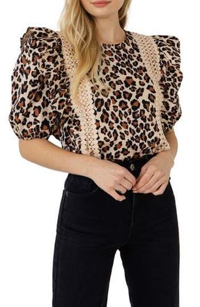 English Factory Leopard Print Ruffle Shoulder Cotton Top in Tan Multi at Nordstrom Rack, Size X-Small