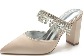 Generic Wedding Bridal Shoes Womens Block Heel Wedding Shoes Pointed Toe Bridal Heels Slingback Satin Prom Party Dress Pumps 9Cm,Champagne,10 UK