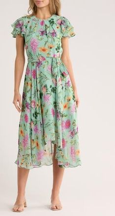 Eliza J Floral Short Sleeve Chiffon High-Low Dress in Sage at Nordstrom Rack, Size 16