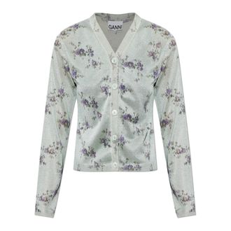 Ganni Cardigans, female, Green, Size: 2XS Cardigan with a floral motif
