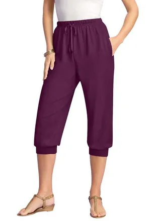 Roaman's Plus Size Soft Knit Capri Pant With Drawstring Waist in Dark Berry at Nordstrom, Size Medium