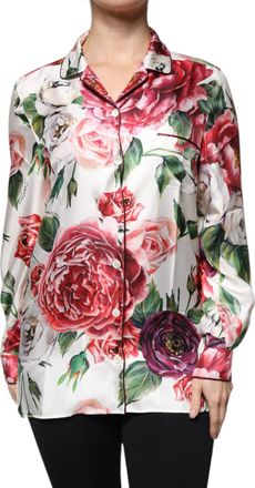 Dolce & Gabbana White Peony Silk Long Sleeves Collared Blouse Womens Top