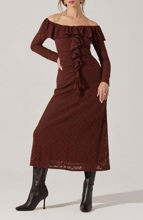 ASTR the Label Dorian Lace Long Sleeve Off the Shoulder Maxi Dress in Brown at Nordstrom Rack, Size X-Small