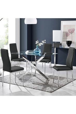 Furniturebox Leonardo Glass & Chrome Metal Dining Table & 4 Milan Chairs Set in Black