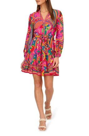 Adrianna Papell Print Tie Waist Long Sleeve Dress in Pink Multi at Nordstrom, Size 10