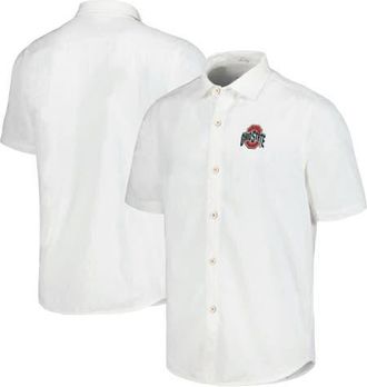 Tommy Bahama Mens Tommy Bahama White Ohio State Buckeyes Coconut Point Palm Vista IslandZone Camp Button-Up Shirt at Nordstrom, Size Xx-Large