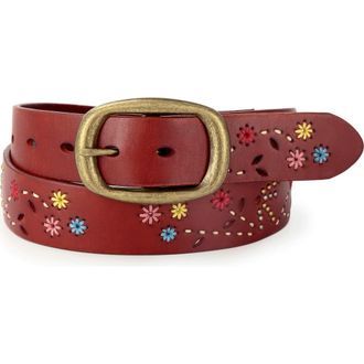 OLD TREND Blossom Genuine Leather Hand Stitched Colorful Detail Belt in Cognac at Nordstrom, Size Medium