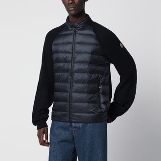 Moncler Cardigan imbottito blu scuro con zip in misto lana