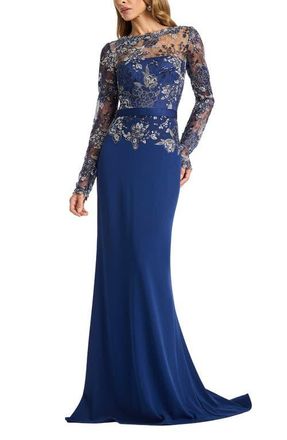 Tadashi Shoji Floral Lace Embroidery Long Sleeve Gown in Midnight at Nordstrom, Size 18