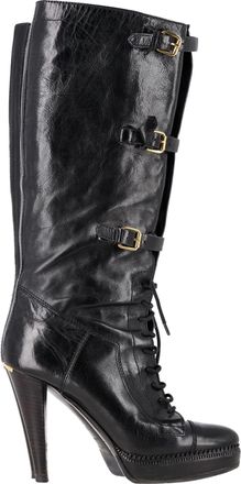 Burberry Pre-owned Womens Buckled Lace-Up High-Heeled Knee-High Boots in Black Leather - Size EU 39
