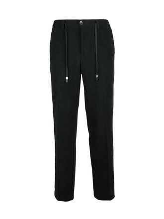 Daniele Alessandrini Slim Fit Black Trousers with Ribbed Texture and Drawstring Waist