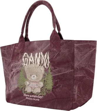 Ganni Printed Cotton Tote Bag - Burgundy