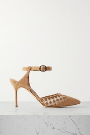 Manolo Blahnik Décolleté In Camoscio E Mesh Floccato Mingonna 90 - Neutri