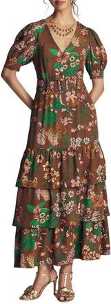 Boden V-Neck Tiered Midi Dress in Woodland Brown Whmsical Floral at Nordstrom, Size 14