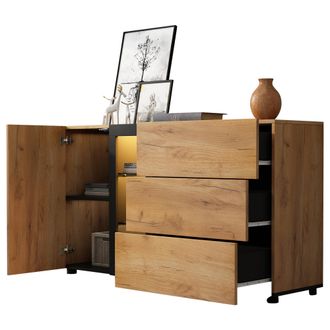 STILVORA Aparador Con 1 Puerta, 3 Cajones, 4 Nichos Y Estantes Ajustables Con Led Para Sal&oacute;n En Tablero, Negro Y Marr&oacute;n