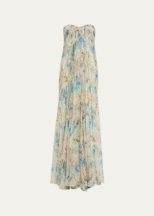 Alexander McQueen Goddess Floral Draped Bustier Strapless Silk Maxi Dress