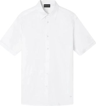 Emporio Armani Stretch Pima Katoenen Shirt - Heren - Korte mouwen Overhemden - Wit - L - Katoen - Overhemden
