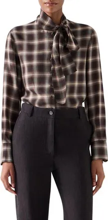 Akris Check Tie Neck Shirt in Espresso-Cashew at Nordstrom, Size 12