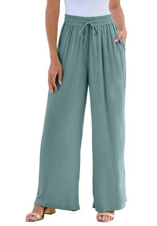 Roaman's Plus Size Hand Crinkled Wide-Leg Pant in Cool Sage at Nordstrom, Size 14